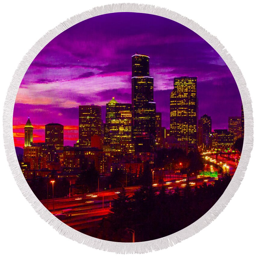 Seattle Round Beach Towel featuring the photograph Seattle Shades Of Purple by Louise Magno