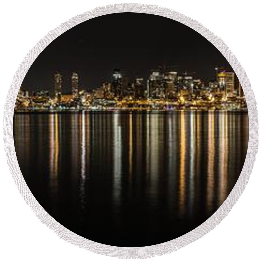 Seattle Skyline Round Beach Towel featuring the photograph Seattle Skyline at night 2 by Mati Krimerman