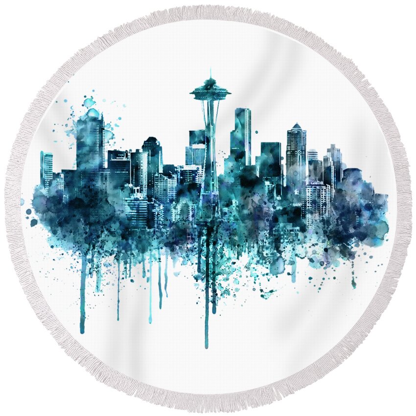 Seattle Round Beach Towel featuring the painting Seattle Skyline Monochrome watercolor by Marian Voicu