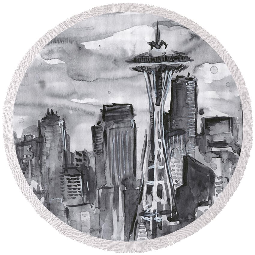 Seattle Round Beach Towel featuring the painting Seattle Skyline Space Needle by Olga Shvartsur