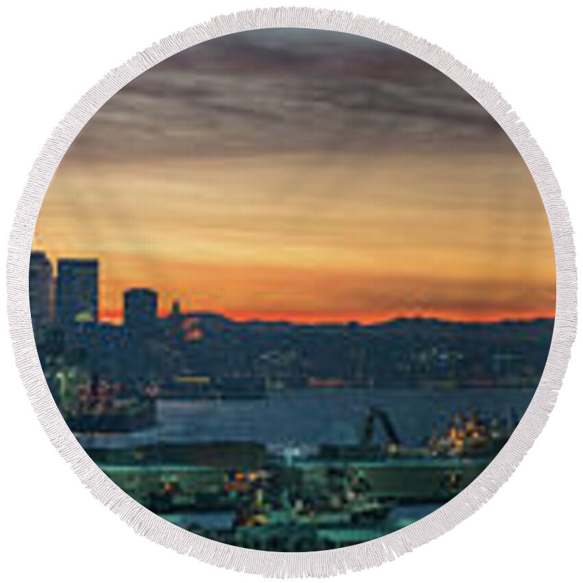 Seattle Round Beach Towel featuring the photograph Seattle Skyline Sunrise Pano with a Lenticular Cloud on Rainier by Mike Reid