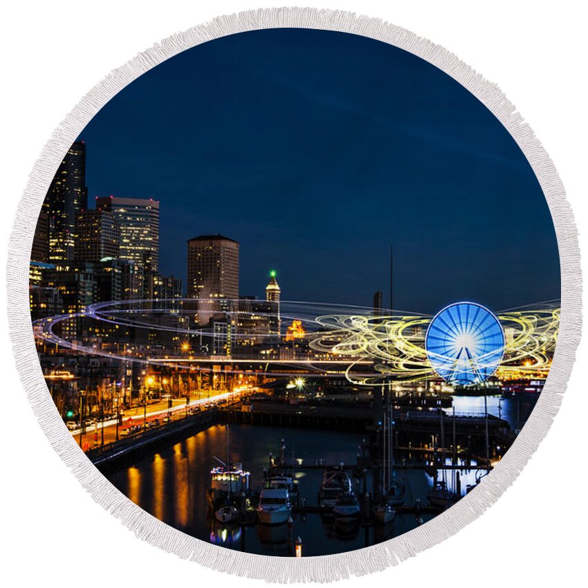 Long Round Beach Towel featuring the digital art Seattle Waterfront Cosmic Rays by Pelo Blanco Photo