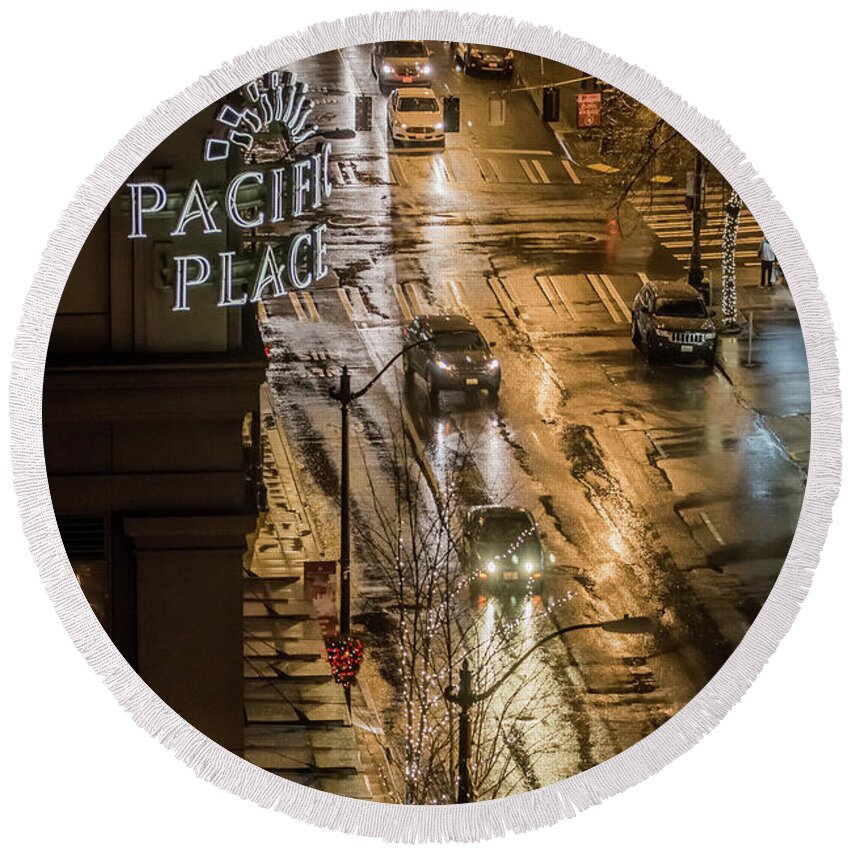 Seattle Round Beach Towel featuring the photograph Seattle's 6th and Pine by E Faithe Lester