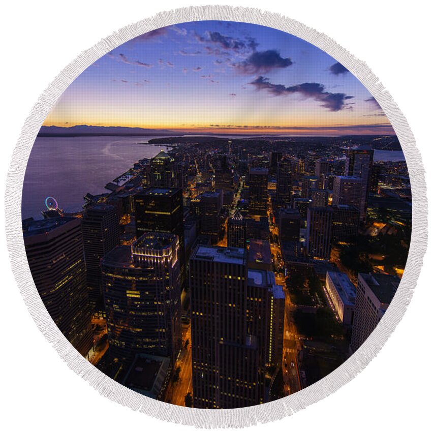 Seattle Round Beach Towel featuring the photograph Seattles Dusk City Landscape by Mike Reid
