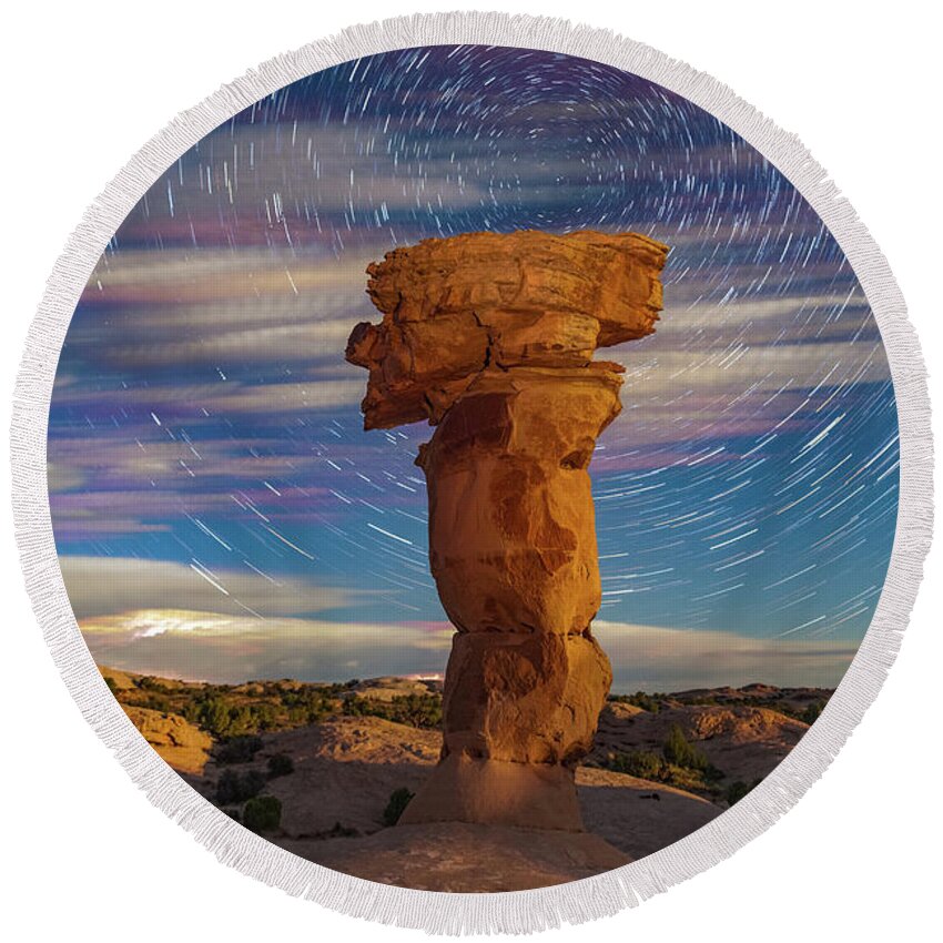 Moab Round Beach Towel featuring the photograph Secret Spire and Star Trails by Dan Norris