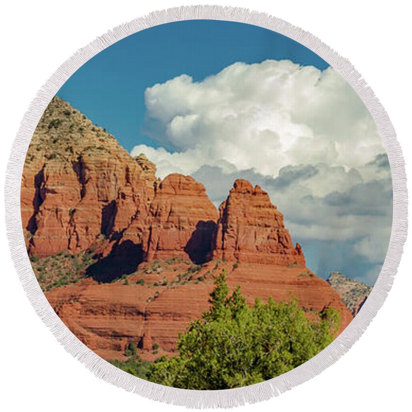 Red Round Beach Towel featuring the photograph Sedona, Rocks And Clouds by Bill Gallagher