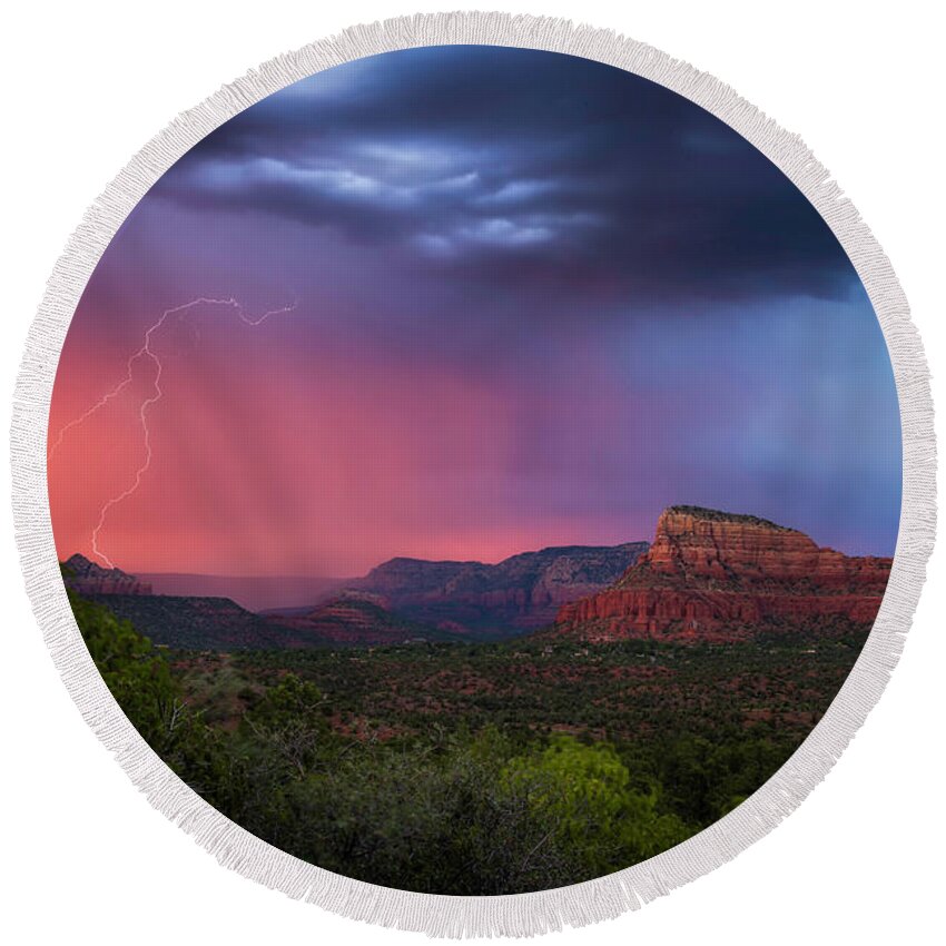 Landscape Round Beach Towel featuring the photograph Sedona Storm by Ron McGinnis
