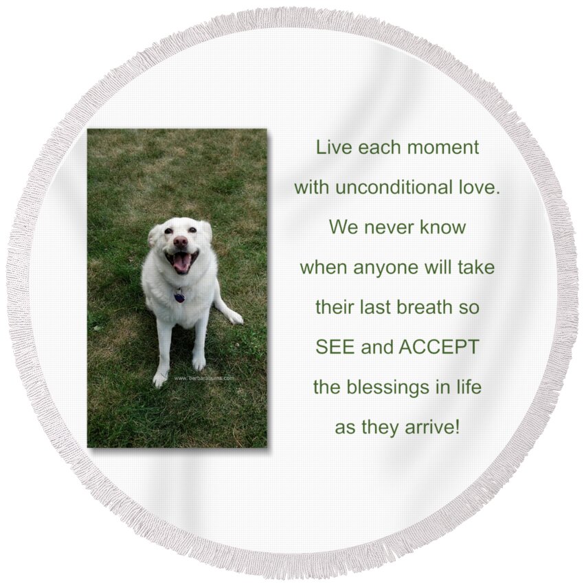 Dog Round Beach Towel featuring the digital art See and Accept Blessings by Barbara Burns