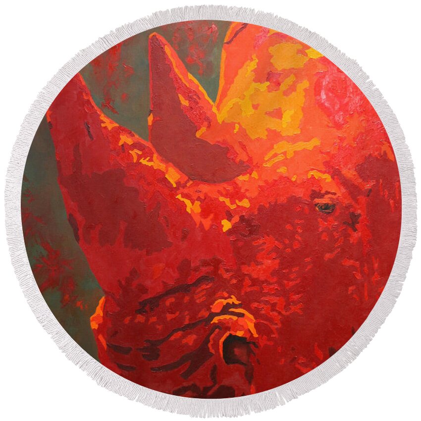 Rhinoceros Round Beach Towel featuring the painting Seeing Red by Cheryl Bowman