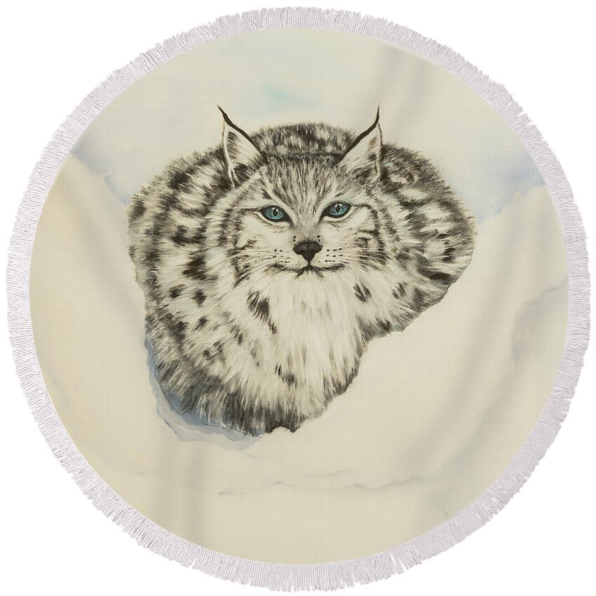 Lynx Round Beach Towel featuring the painting Seer of the Unseen by Neslihan Ergul Colley