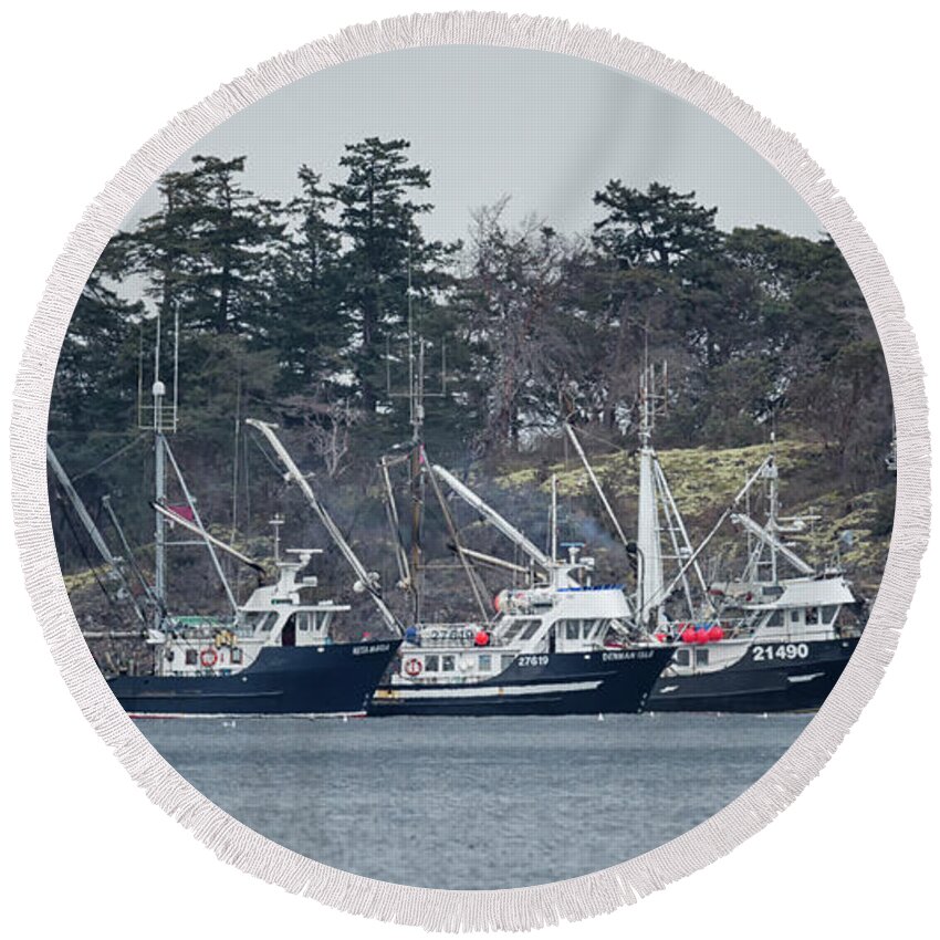 Fishing Boats Round Beach Towel featuring the photograph Seiners in NW Bay by Randy Hall