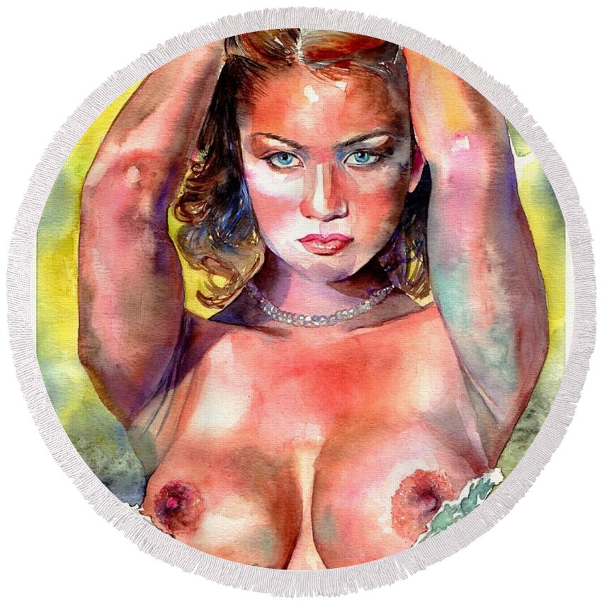 Nude Round Beach Towel featuring the painting Selena by Suzann Sines