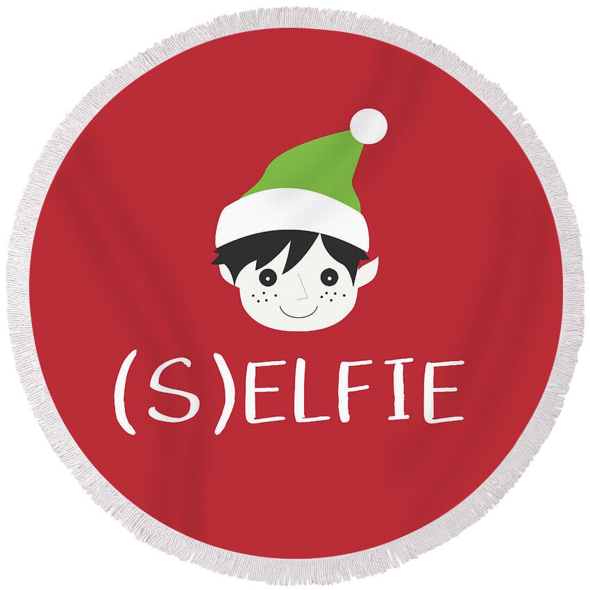 Christmas Round Beach Towel featuring the digital art Selfie Elf- Art by Linda Woods by Linda Woods