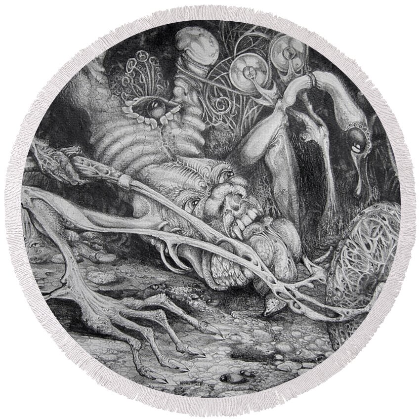 Surrealism Round Beach Towel featuring the drawing Selfpropelled Beastie Seeder by Otto Rapp