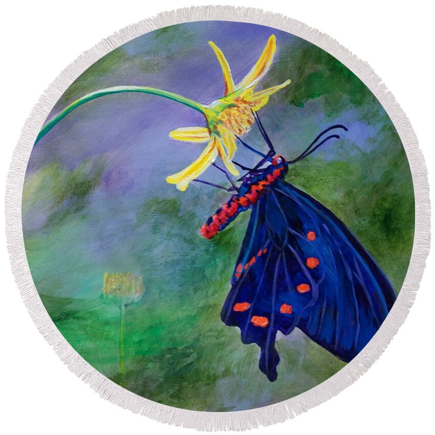 Red Spots Round Beach Towel featuring the painting Semperi Swallowtail Butterfly by AnnaJo Vahle