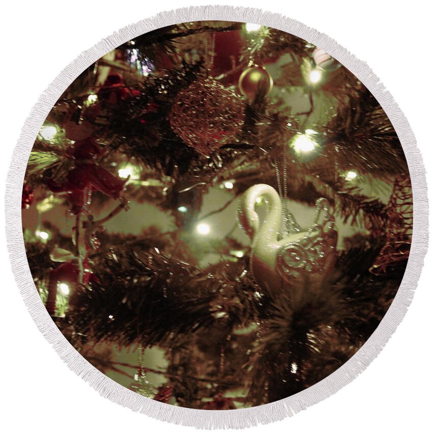 Swan Round Beach Towel featuring the photograph Sepia Christmas Tree by Cassandra Buckley