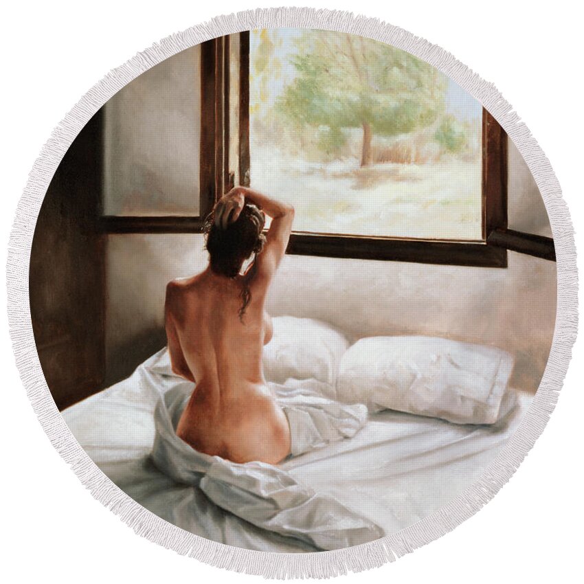 Bed; Waking Up; Female; Woman; Nude; Bedsheets; Sheets; Window; View; Tree Round Beach Towel featuring the painting September Morning by John Worthington
