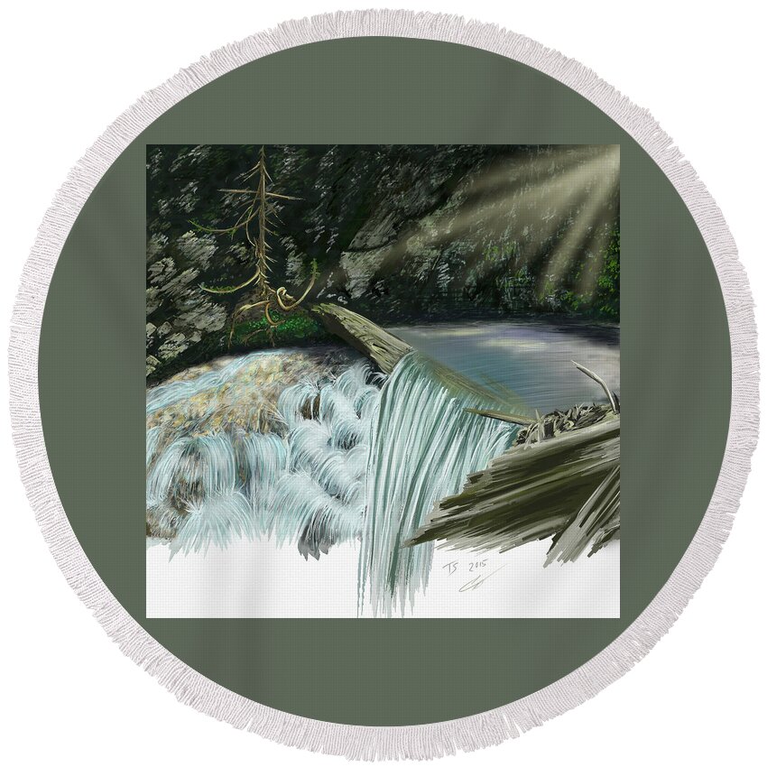 Waterscape Round Beach Towel featuring the digital art Serene Oasis of Stagger Inn by Troy Stapek
