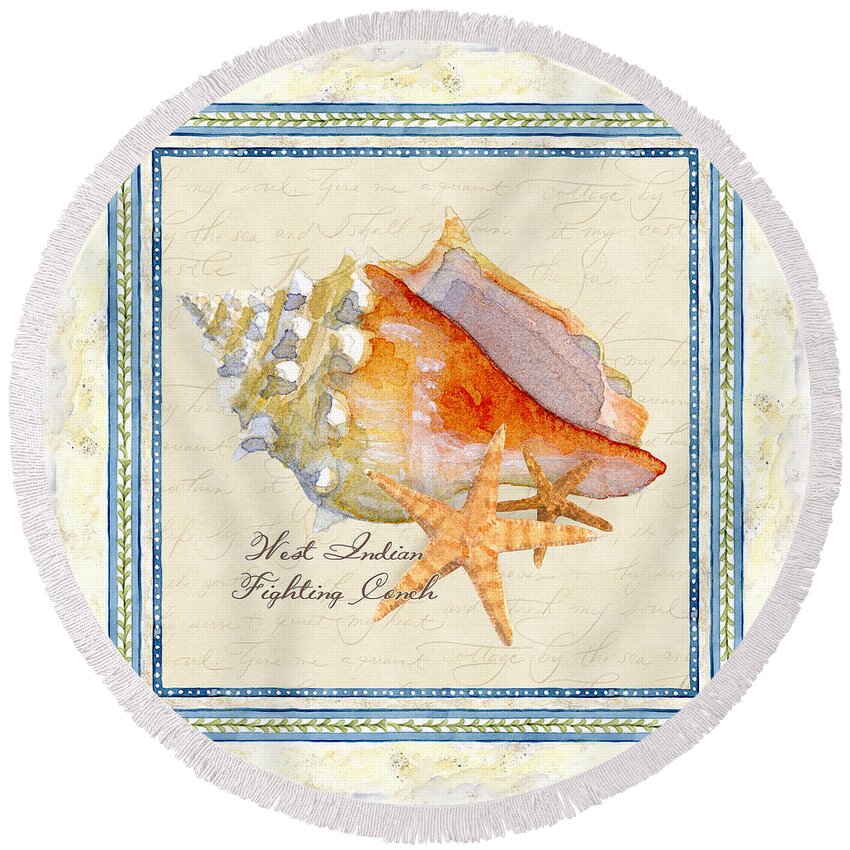 West Indies Round Beach Towel featuring the painting Serene Shores - West Indies Fighting Conch n Starfish by Audrey Jeanne Roberts