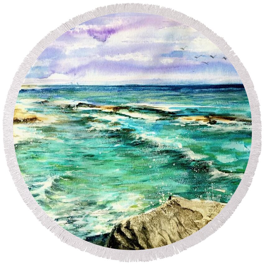 Ocean  Rocks Round Beach Towel featuring the painting Serenity 4 by Katerina Kovatcheva