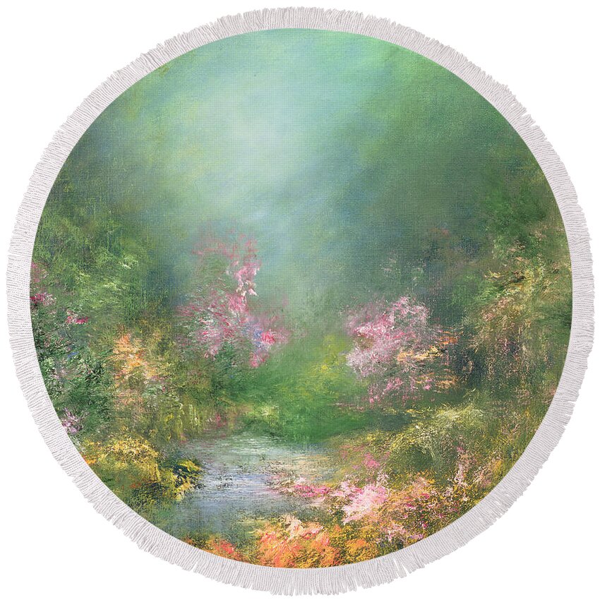 Pink Round Beach Towel featuring the painting Serenity by Hannibal Mane