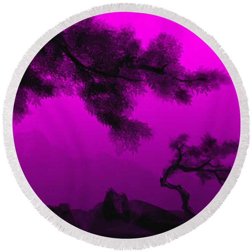 Japanese; Sunset; Mountains; Trees; Rising; Sun; Contemporary; Purple; Pink;sunrise; Sunset Round Beach Towel featuring the painting Serenity by James Hill
