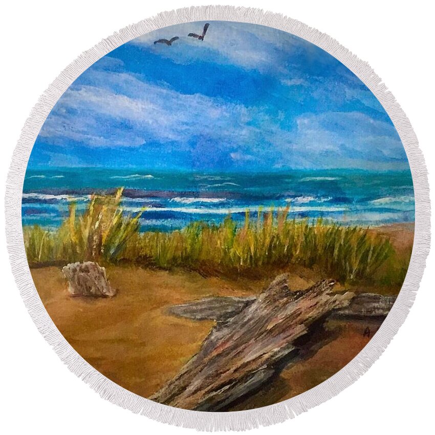 Seagulls Round Beach Towel featuring the painting Serenity on a Florida Beach by Anne Sands