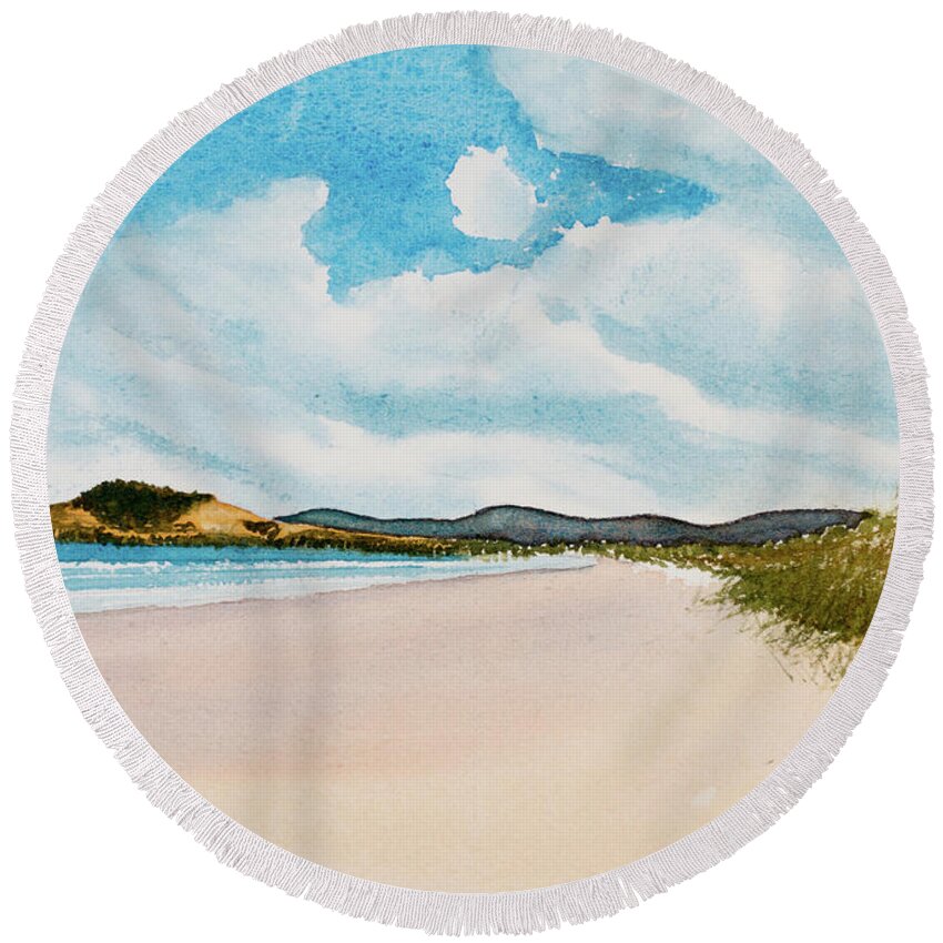 Afternoon Round Beach Towel featuring the painting Seven Mile Beach on a calm, sunny day by Dorothy Darden