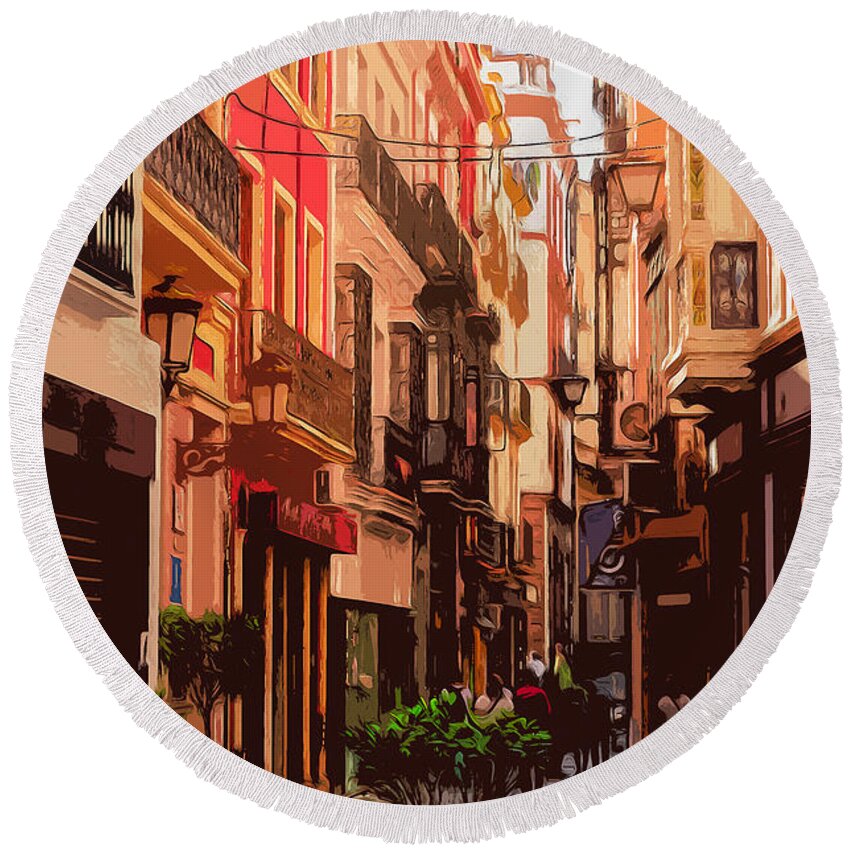 Sevilla Round Beach Towel featuring the painting Seville, the colorful streets of Spain - 02 by AM FineArtPrints