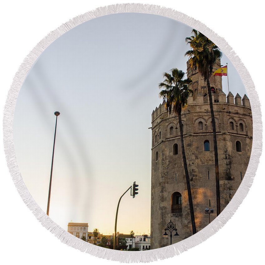 Seville Round Beach Towel featuring the photograph Seville - Torre del oro at sunset by AM FineArtPrints