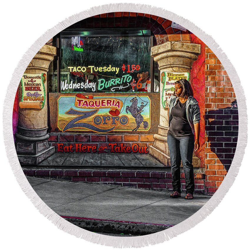 Street Photography Round Beach Towel featuring the photograph SF Taqueria by Ed Broberg