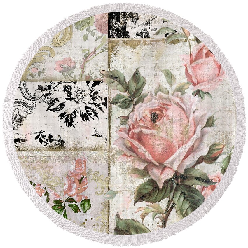 Vintage Paris Shabby Tea Roses Round Beach Towel featuring the painting Shabby Pink Tea Roses by Mindy Sommers