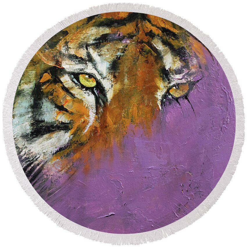 Abstract Round Beach Towel featuring the painting Shadow Tiger by Michael Creese