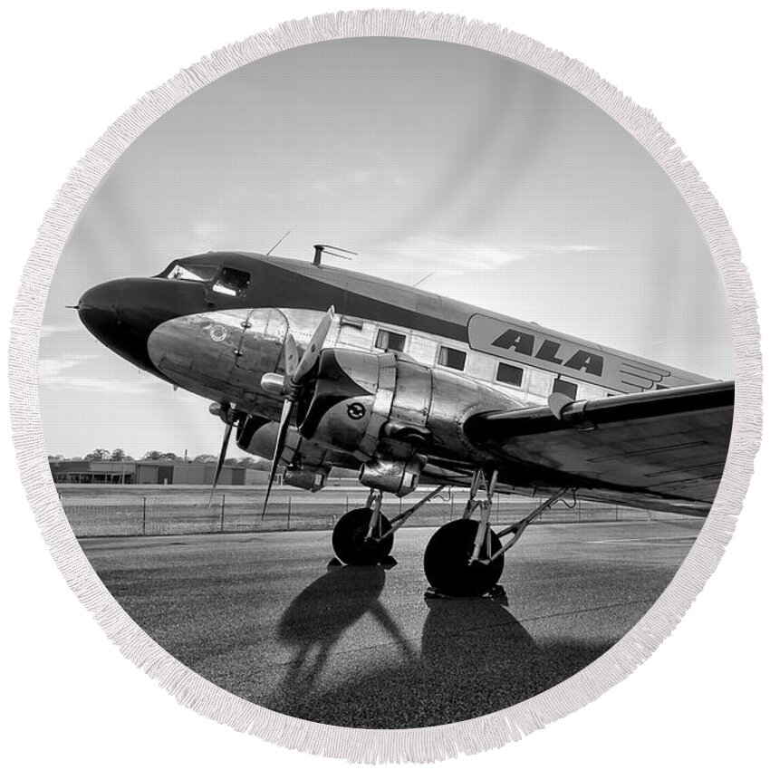 Transport Round Beach Towel featuring the photograph Shadows of a DC-3  by Chris Buff