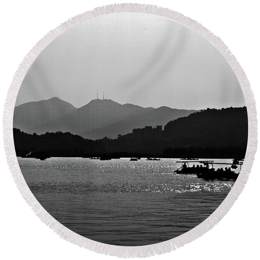 Shadows Round Beach Towel featuring the photograph Shadows on West Lake by George Taylor