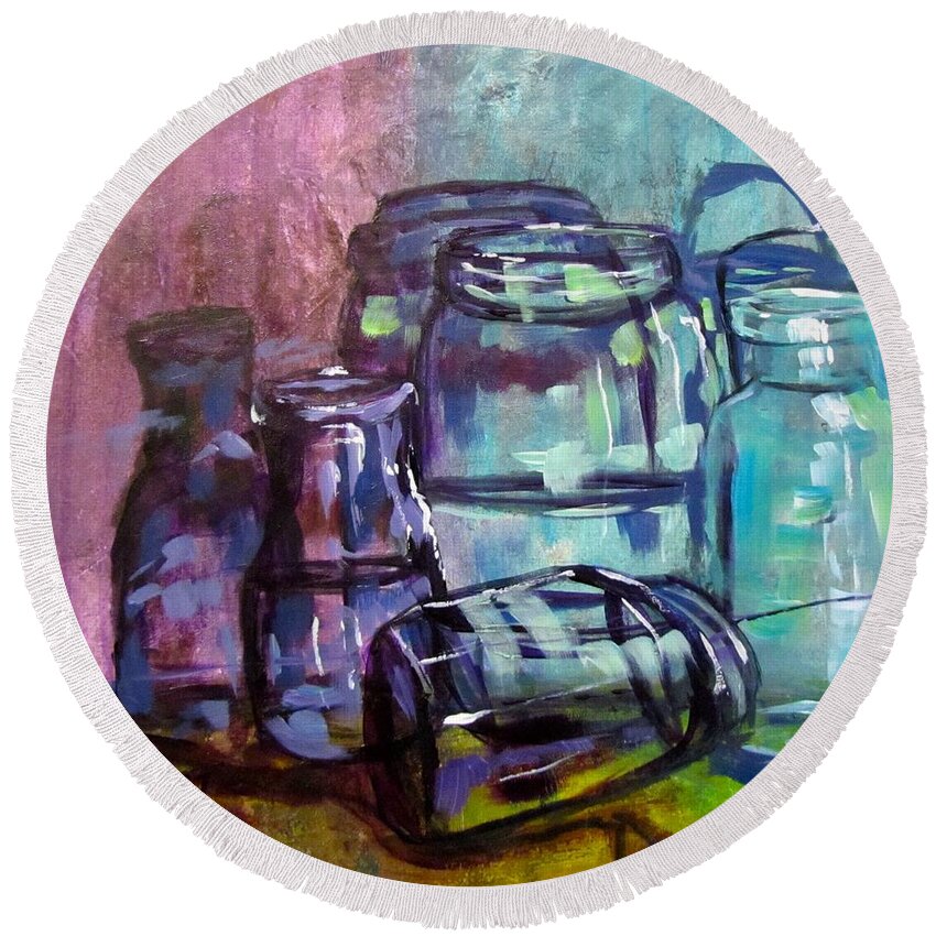 Glass Round Beach Towel featuring the painting Shadows through Glass by Barbara O'Toole