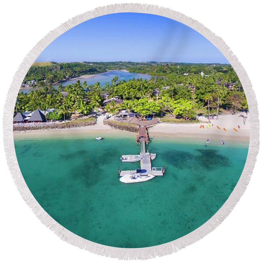 Shangrila Fiji Round Beach Towel featuring the photograph Shangrila Fiji Aerial Panorama by Brad Scott