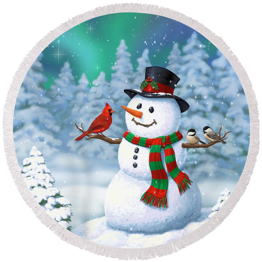 Winter Wonderland Round Beach Towel featuring the painting Sharing The Wonder - Christmas Snowman and Birds by Crista Forest
