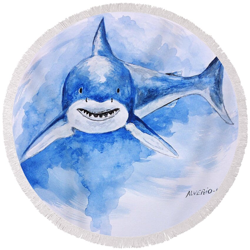 Shark Round Beach Towel featuring the painting Shark by Edwin Alverio