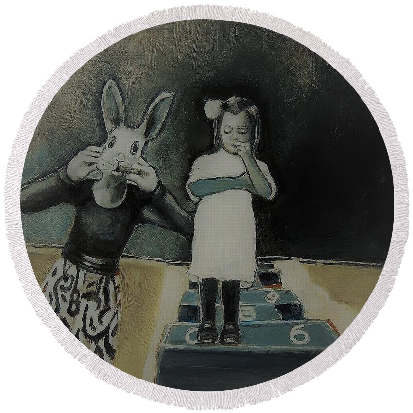 Rabbit Round Beach Towel featuring the painting She Wasn't Sure What To Do Now That The Game Was Over by Jean Cormier