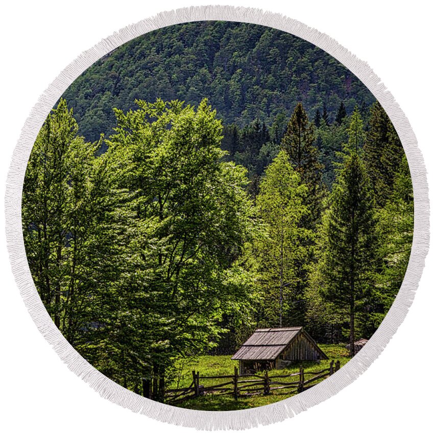 Slovenia Round Beach Towel featuring the photograph Shed in the Slovenian Alps by Stuart Litoff
