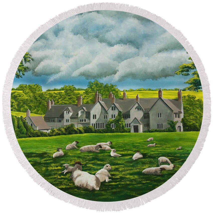English Painting Round Beach Towel featuring the painting Sheep in Repose by Charlotte Blanchard