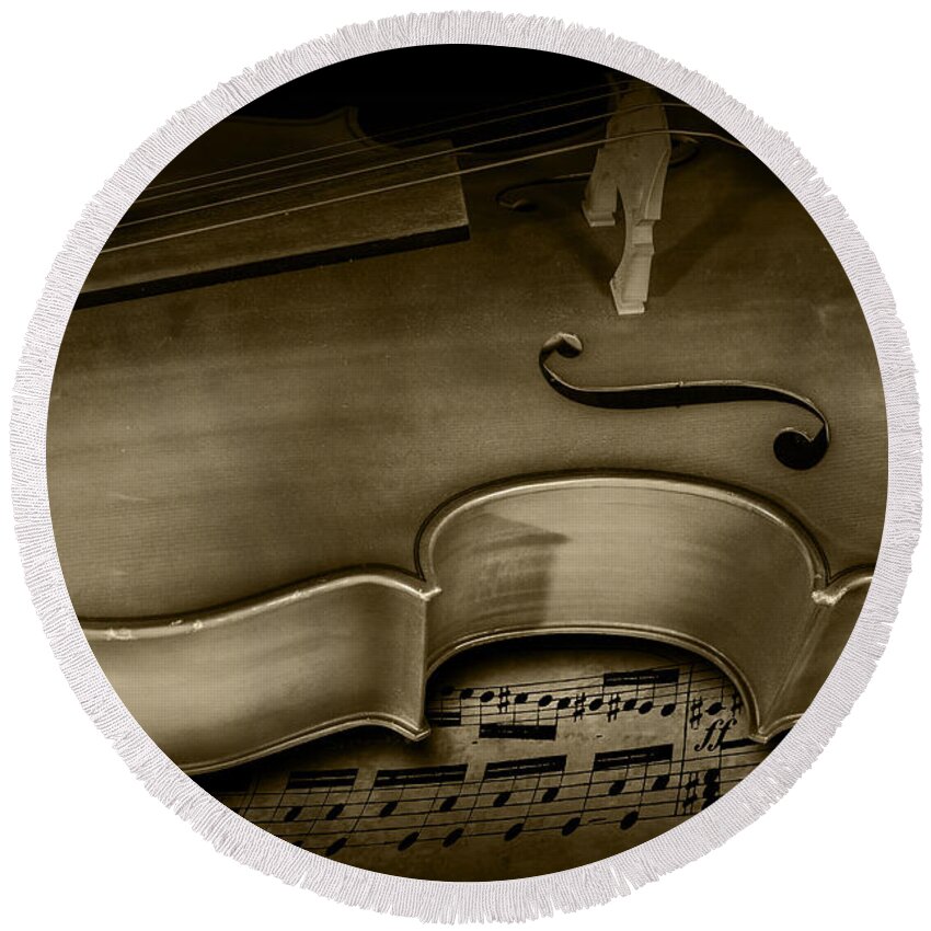 Cello Round Beach Towel featuring the photograph Sheet Music with Cello Stringed Instrument in Sepia by Randall Nyhof