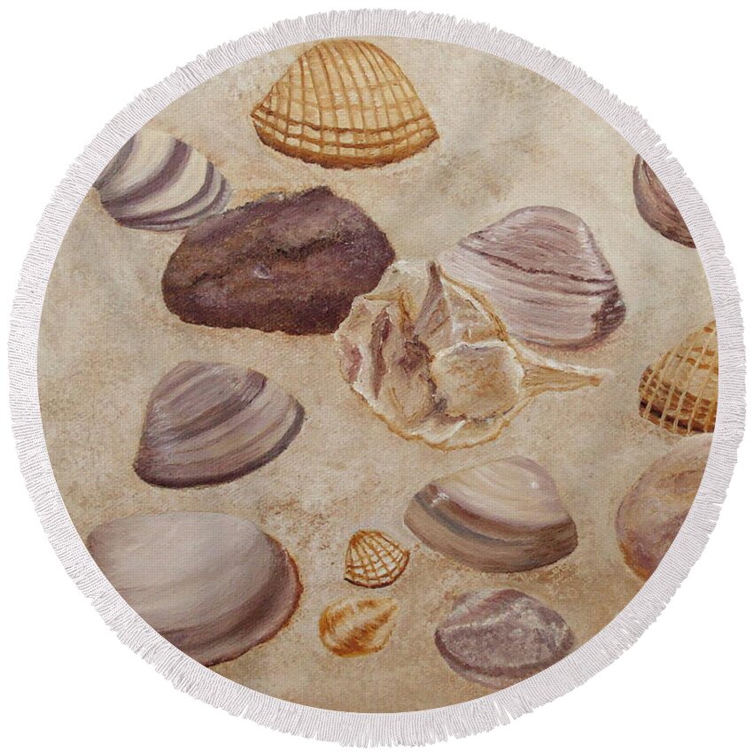 Shells Paintings Round Beach Towel featuring the painting Shells and Stones by Angeles M Pomata