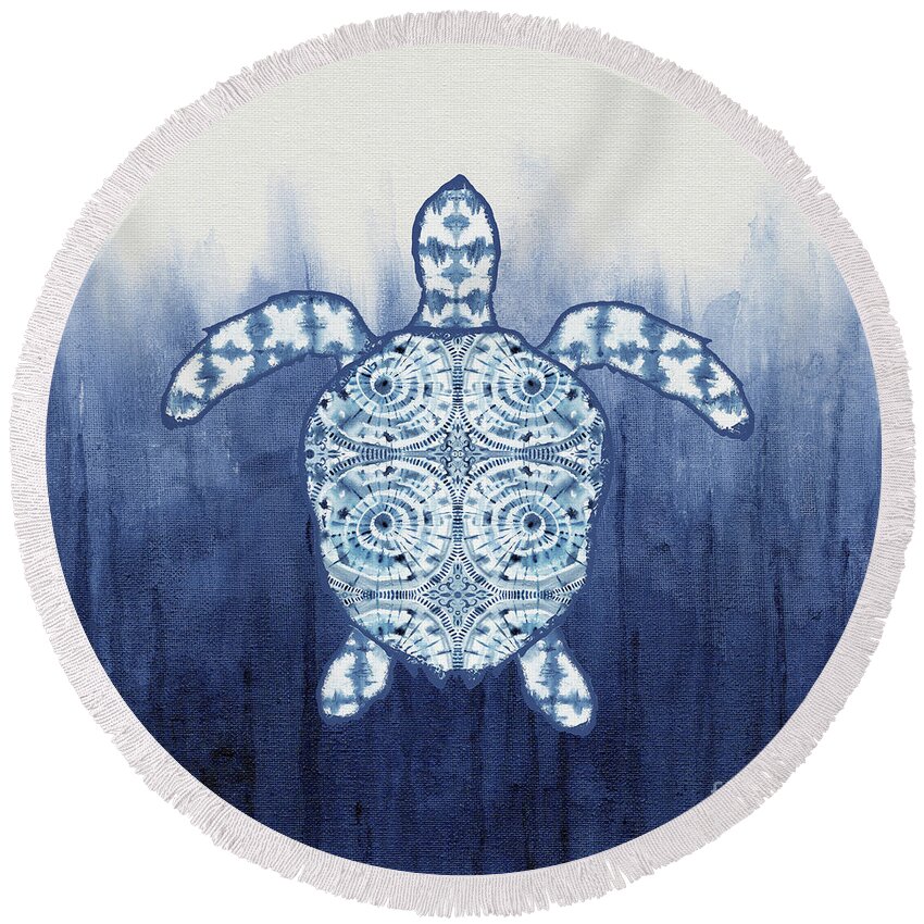 Shibori Round Beach Towel featuring the painting Shibori Blue 1 - Patterned Sea Turtle over Indigo Ombre Wash by Audrey Jeanne Roberts