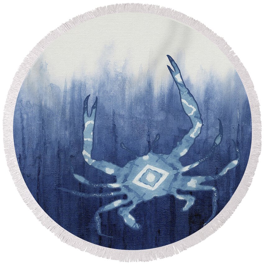 Blue Crab Round Beach Towel featuring the painting Shibori Blue 4 - Patterned Blue Crab over Indigo Ombre Wash by Audrey Jeanne Roberts