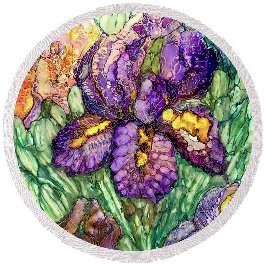Iris Round Beach Towel featuring the painting Shimmering Irises by Rae Chichilnitsky