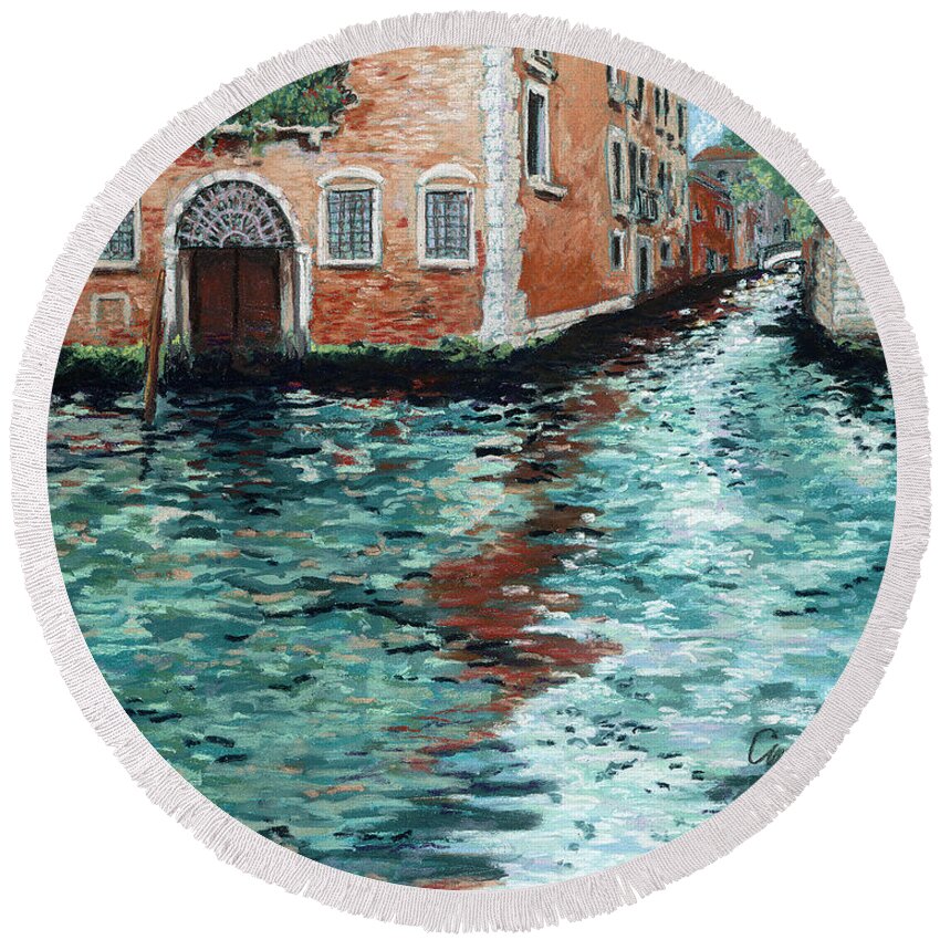 Venice Round Beach Towel featuring the pastel Shimmering Turquoise Canal by Cathy Carey