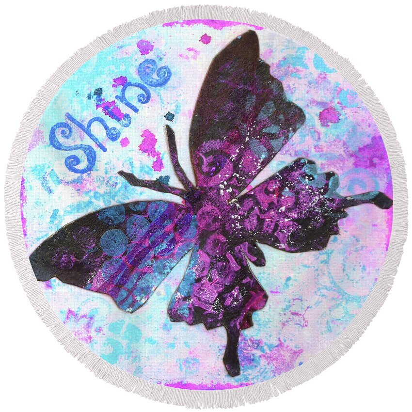 Crisman Round Beach Towel featuring the painting Shine Butterfly by Lisa Crisman