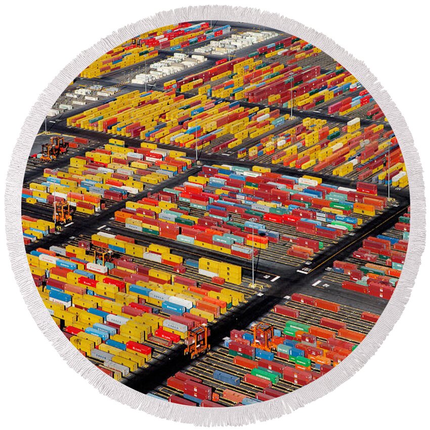 Heavy Industry Round Beach Towel featuring the photograph Shipping Container Yard by Phil Degginger
